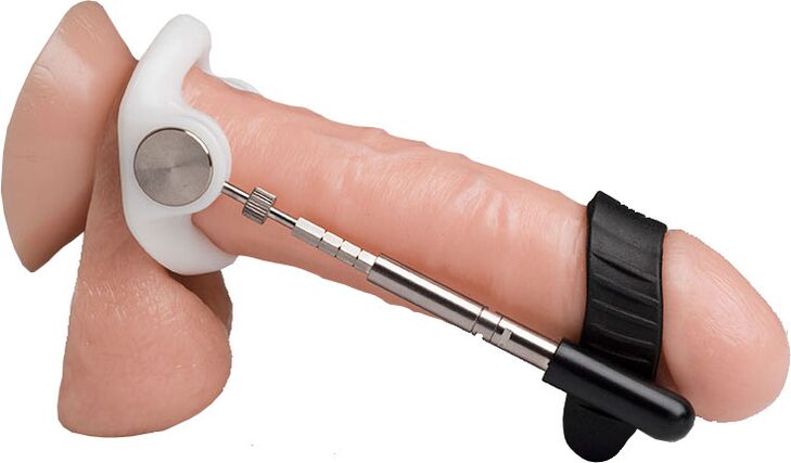 An extender that lengthens the penis by stretching the tissue